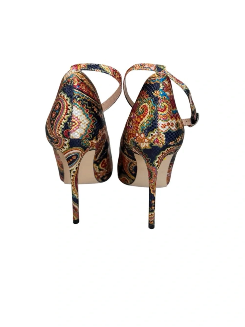 Jolimall Paisley Blue Yellow Orange Pink Ankle-Strap Peep-Toe Heels Size 9 - Picture 6 of 11